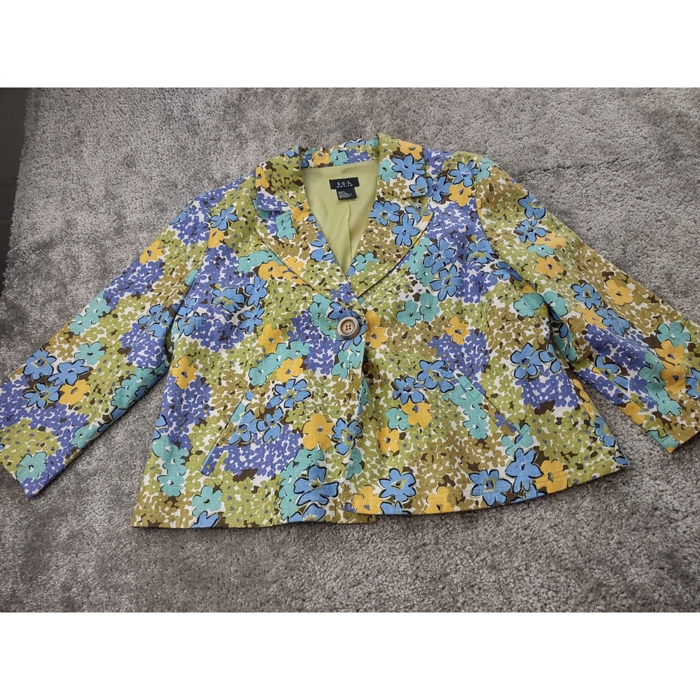 RQT Green Floral Blazer Women's Large Petite Linen Blend Formal Jacket Boho